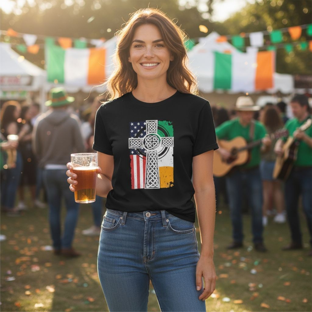 Celtic Cross American Irish Flag Tee