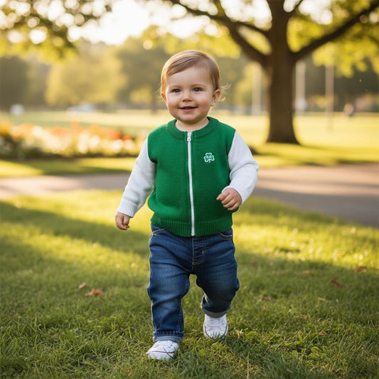 Child Full Zipper Embroidered Shamrock Sweater